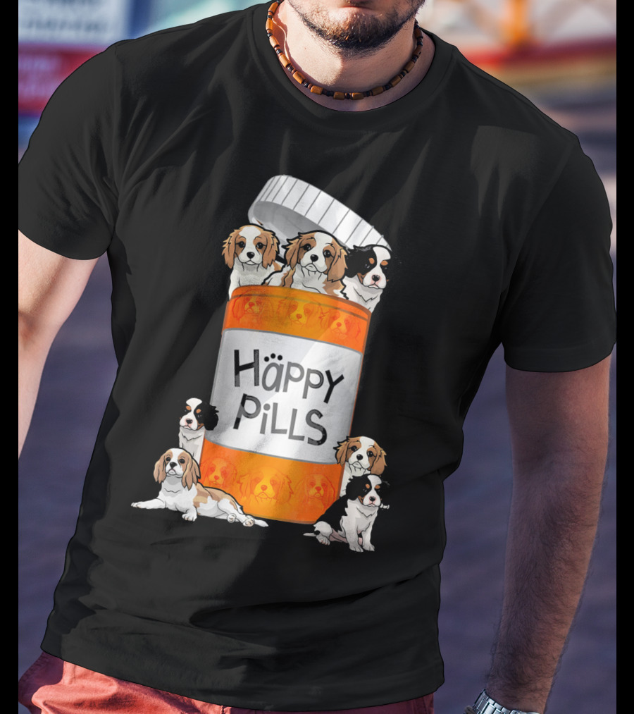 Cavalier King Charles Spaniel Happy Pills Illustration With Puppies In Pill Bottle T-Shirt