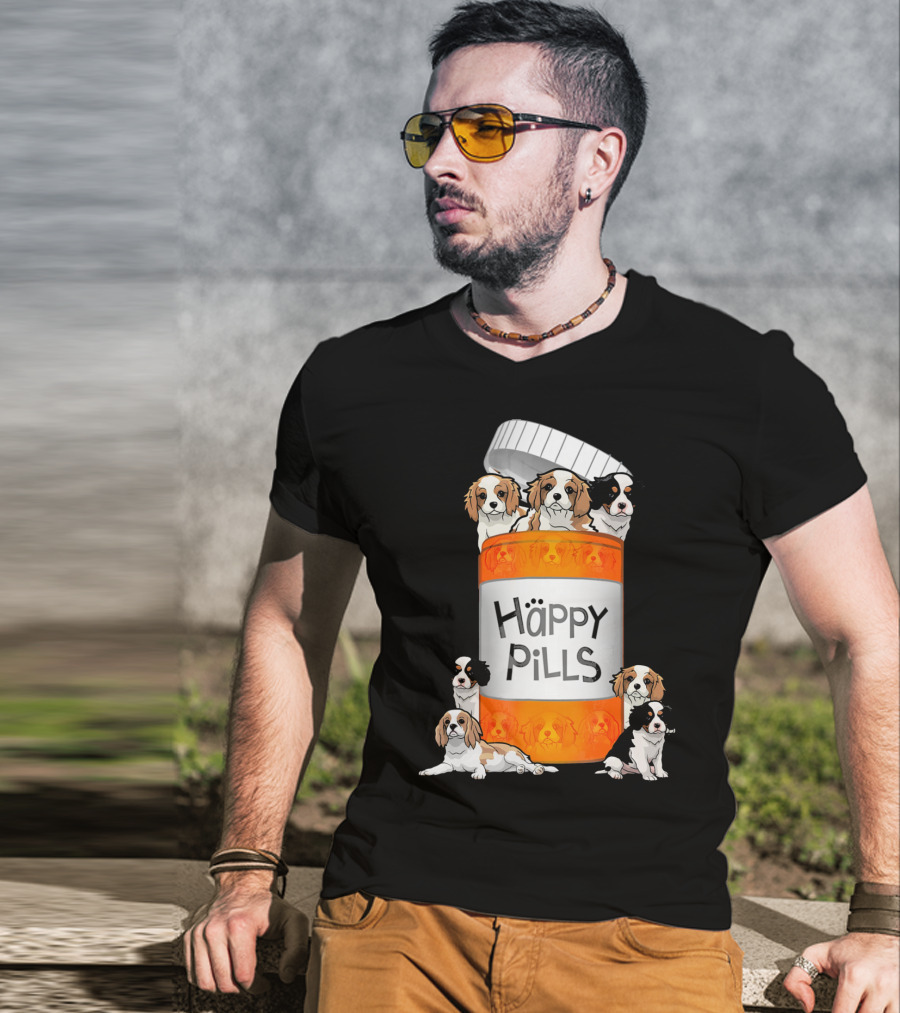 Cavalier King Charles Spaniel Happy Pills Illustration With Puppies In Pill Bottle T-Shirt