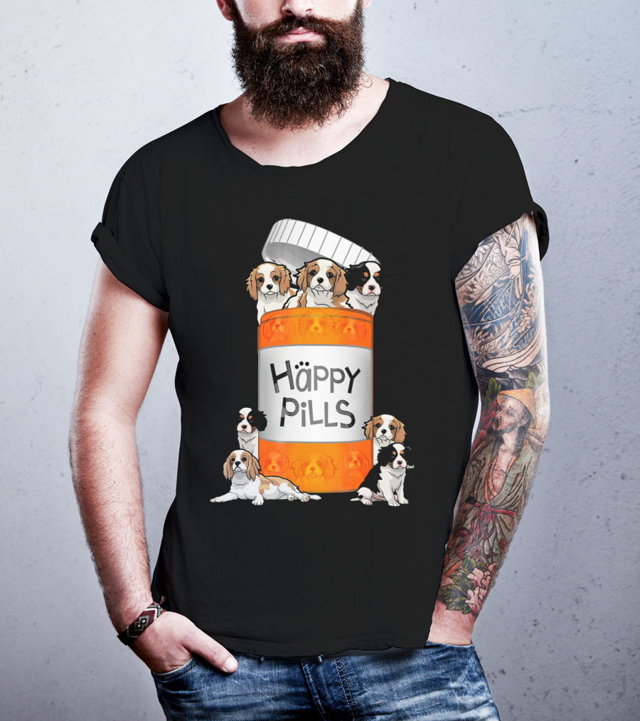 Cavalier King Charles Spaniel Happy Pills Illustration With Puppies In Pill Bottle T-Shirt