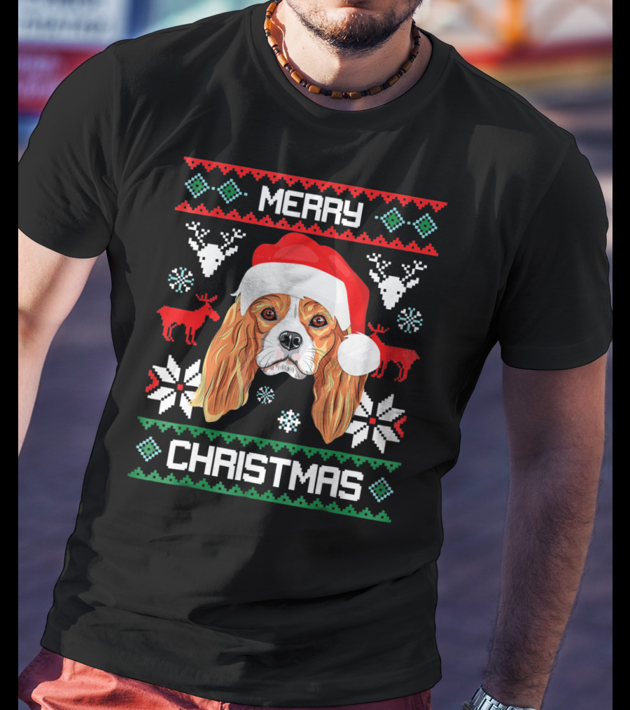 Merry Christmas Cavalier King Charles Spaniel Ugly Sweater Santa Hat T-Shirt