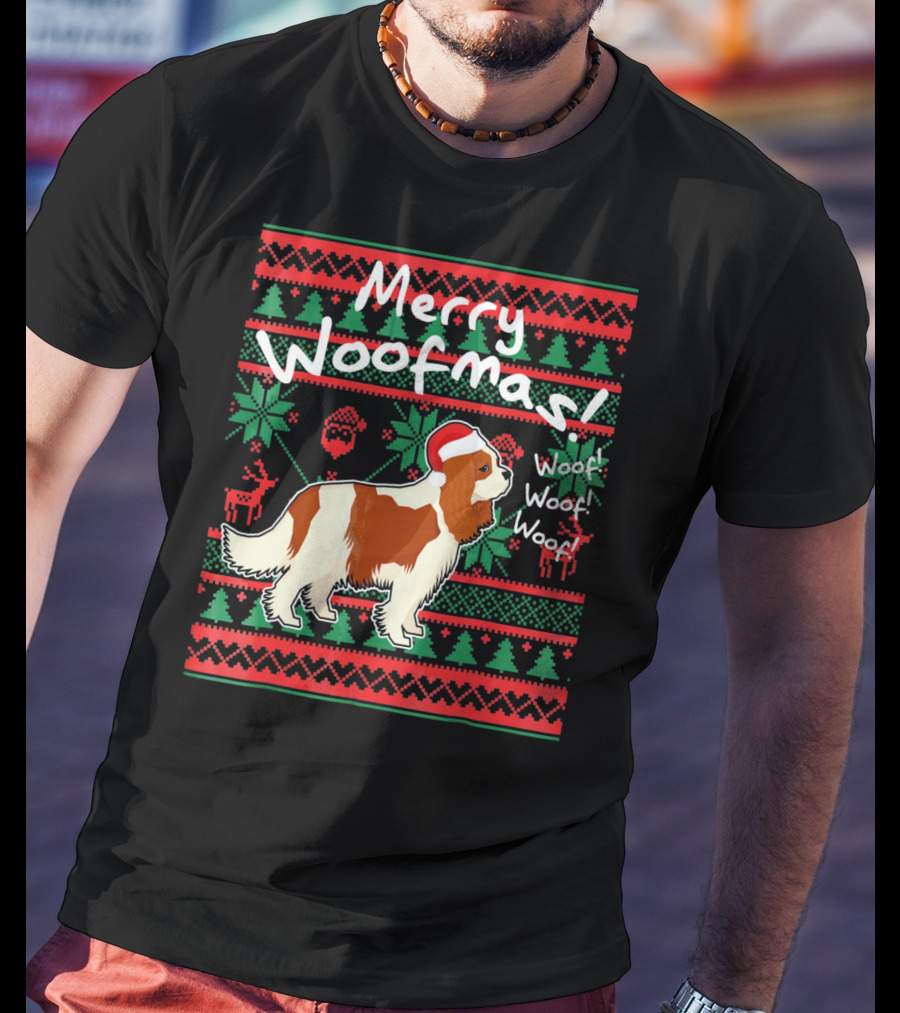 Merry Woofmas Cavalier King Charles Spaniel Festive Santa Hat Woof Woof Holiday T-Shirt