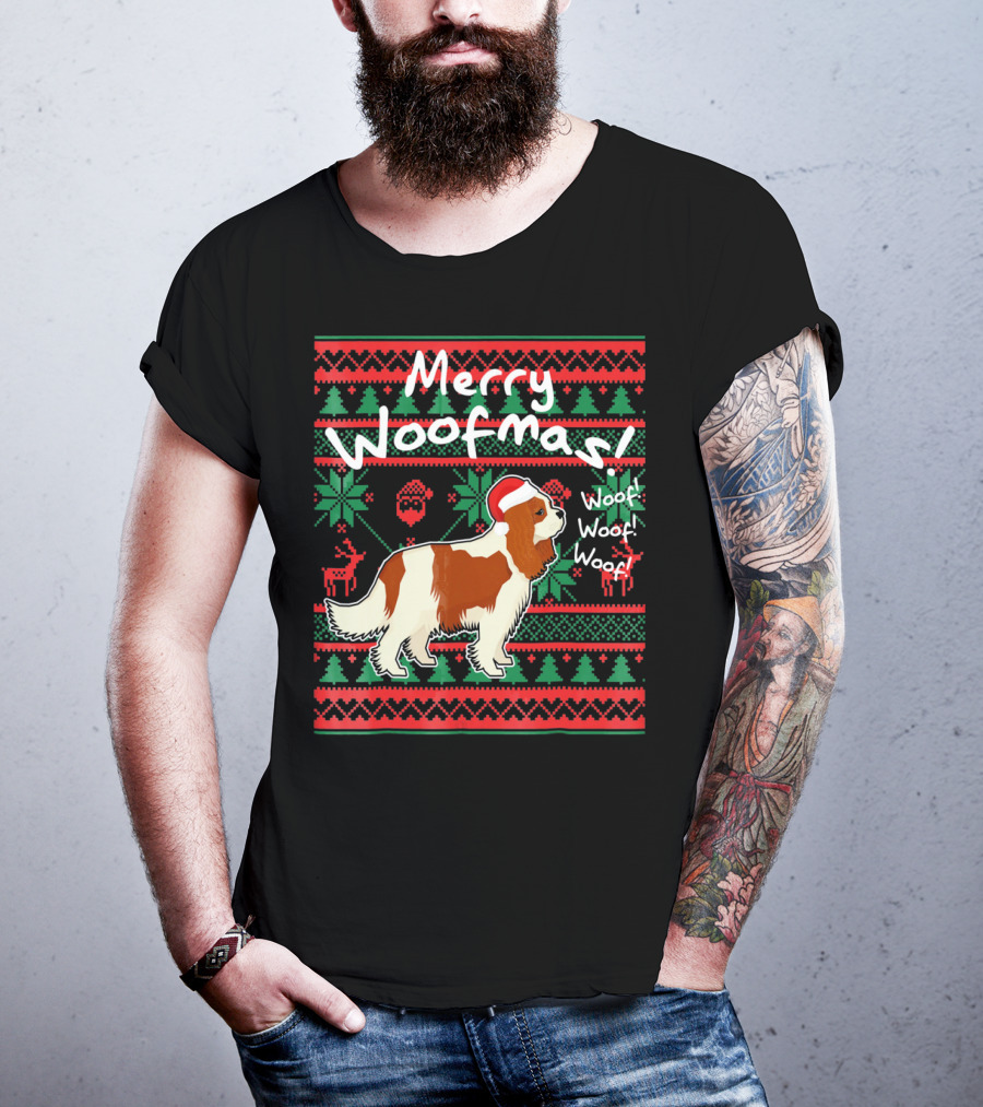Merry Woofmas Cavalier King Charles Spaniel Festive Santa Hat Woof Woof Holiday T-Shirt