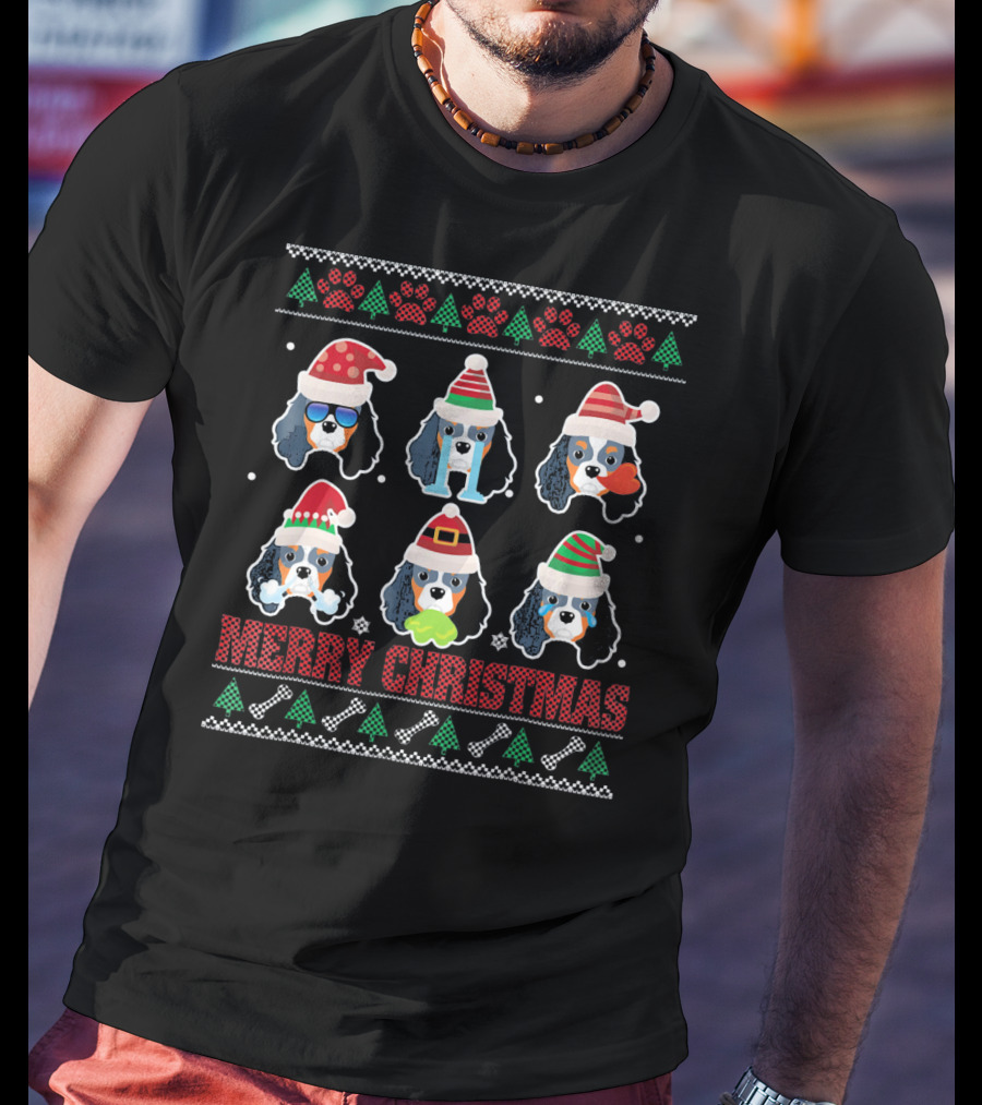 Merry Christmas Cavalier King Charles Spaniel Ugly Santa Santa Hat And Paw Prints T-Shirt