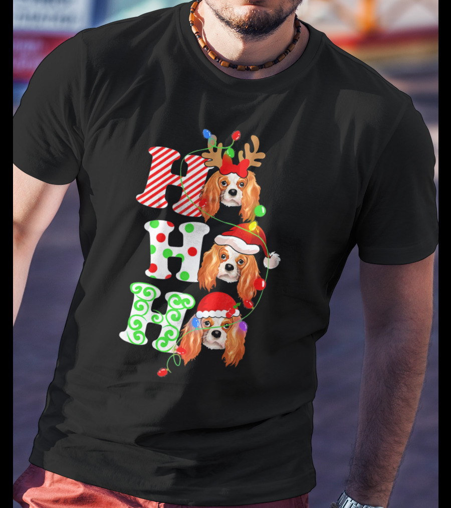 Cavalier King Charles Spaniel Santa Ho Ho Christmas Lights T-Shirt