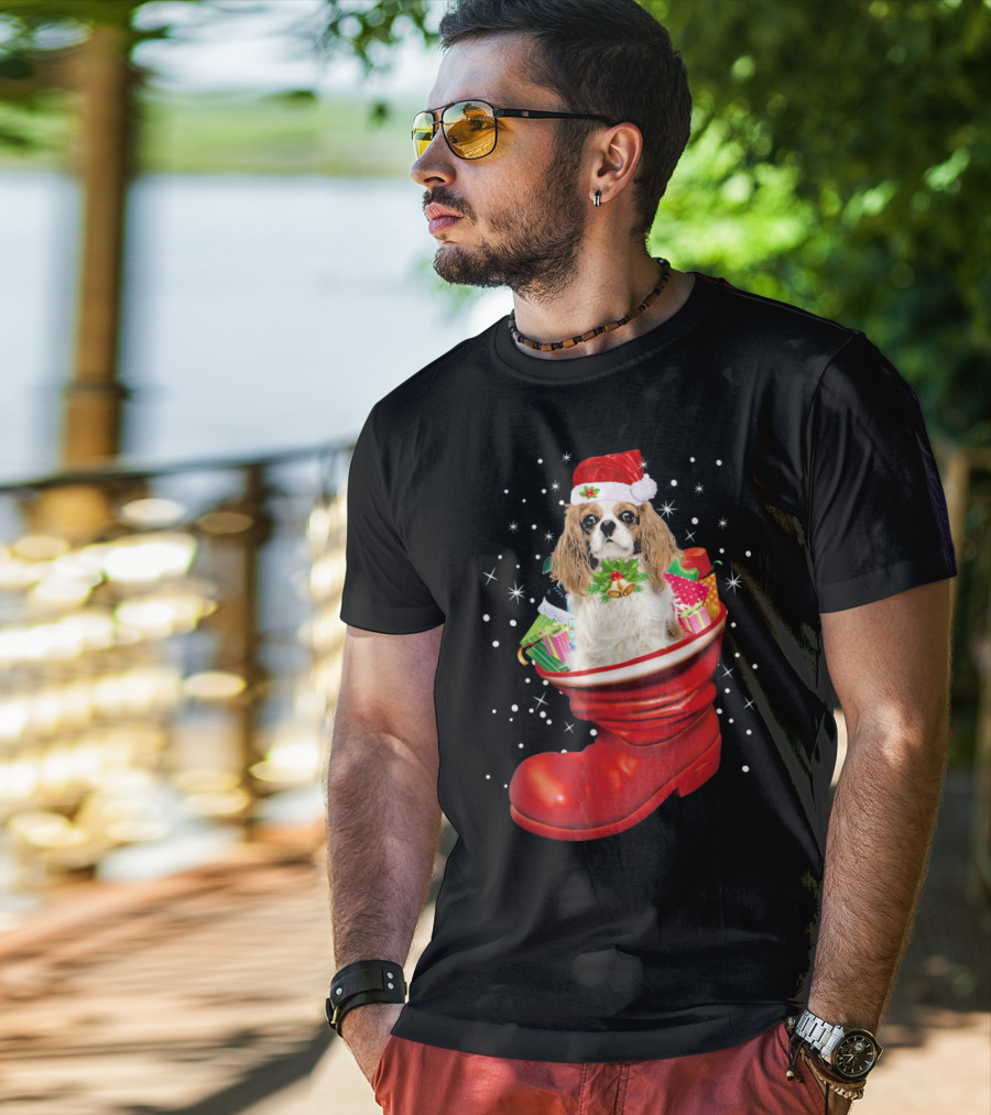 Cavalier King Christmas Dog In Festive Boot With Gifts T-Shirt