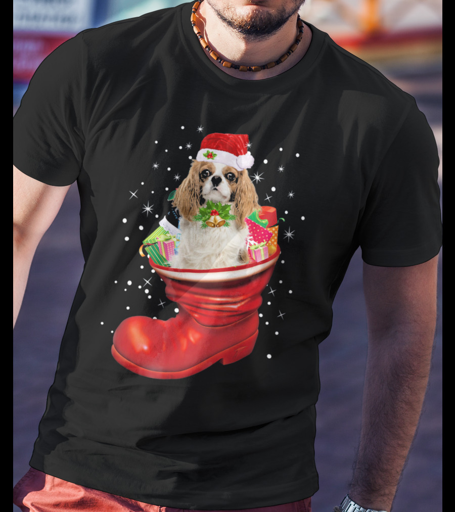 Cavalier King Christmas Dog In Festive Boot With Gifts T-Shirt