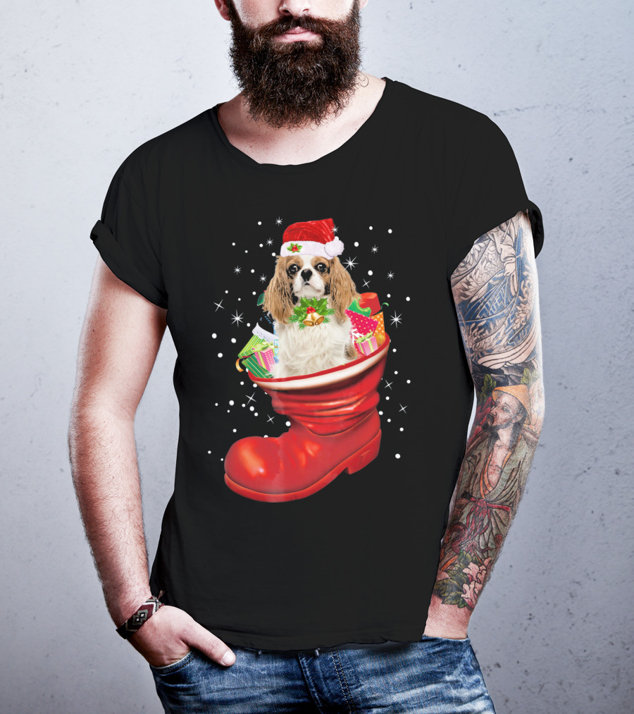 Cavalier King Christmas Dog In Festive Boot With Gifts T-Shirt