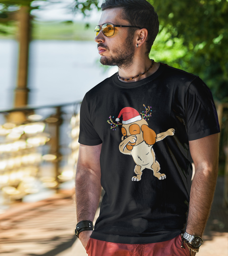 Christmas Cocker Spaniel Dabbing Reindeer Antlers Santa Hat T-Shirt