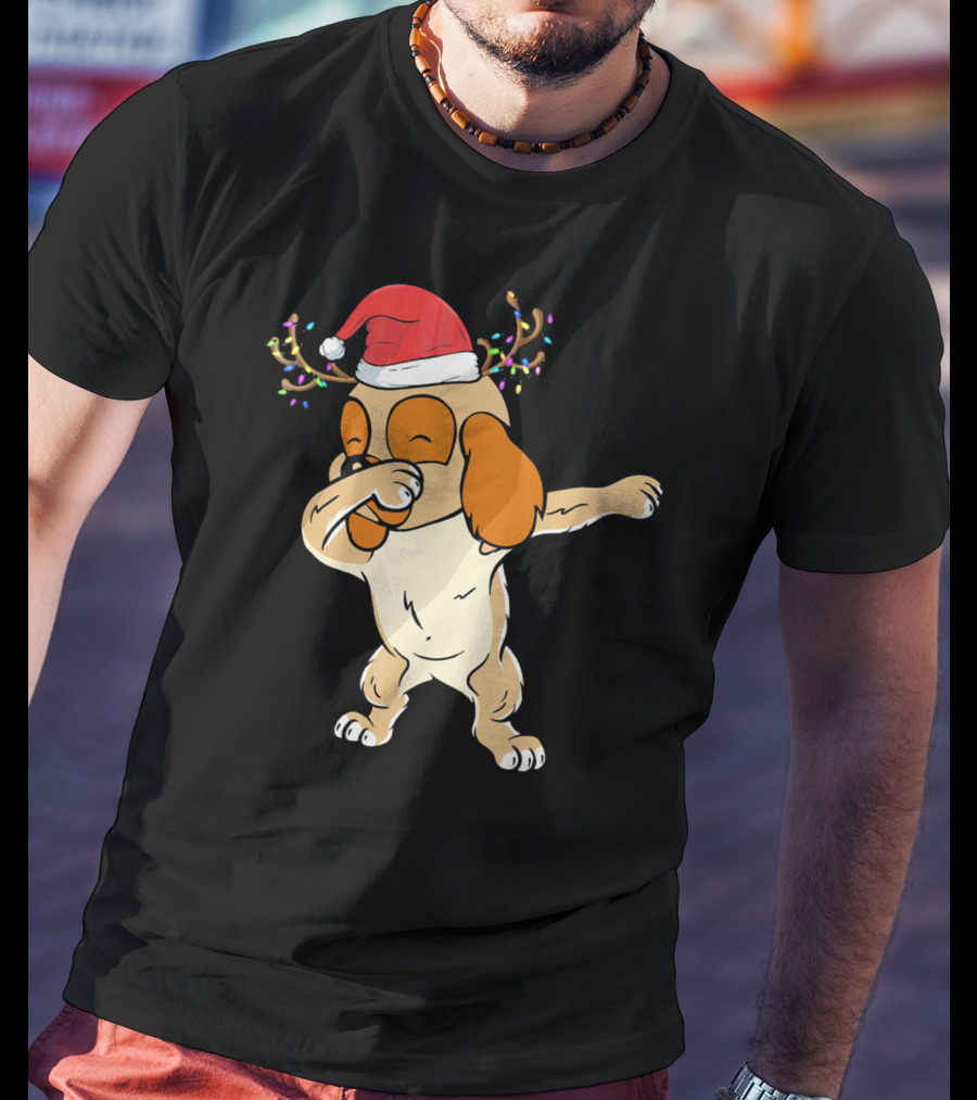 Christmas Cocker Spaniel Dabbing Reindeer Antlers Santa Hat T-Shirt