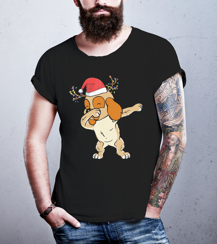 Christmas Cocker Spaniel Dabbing Reindeer Antlers Santa Hat T-Shirt