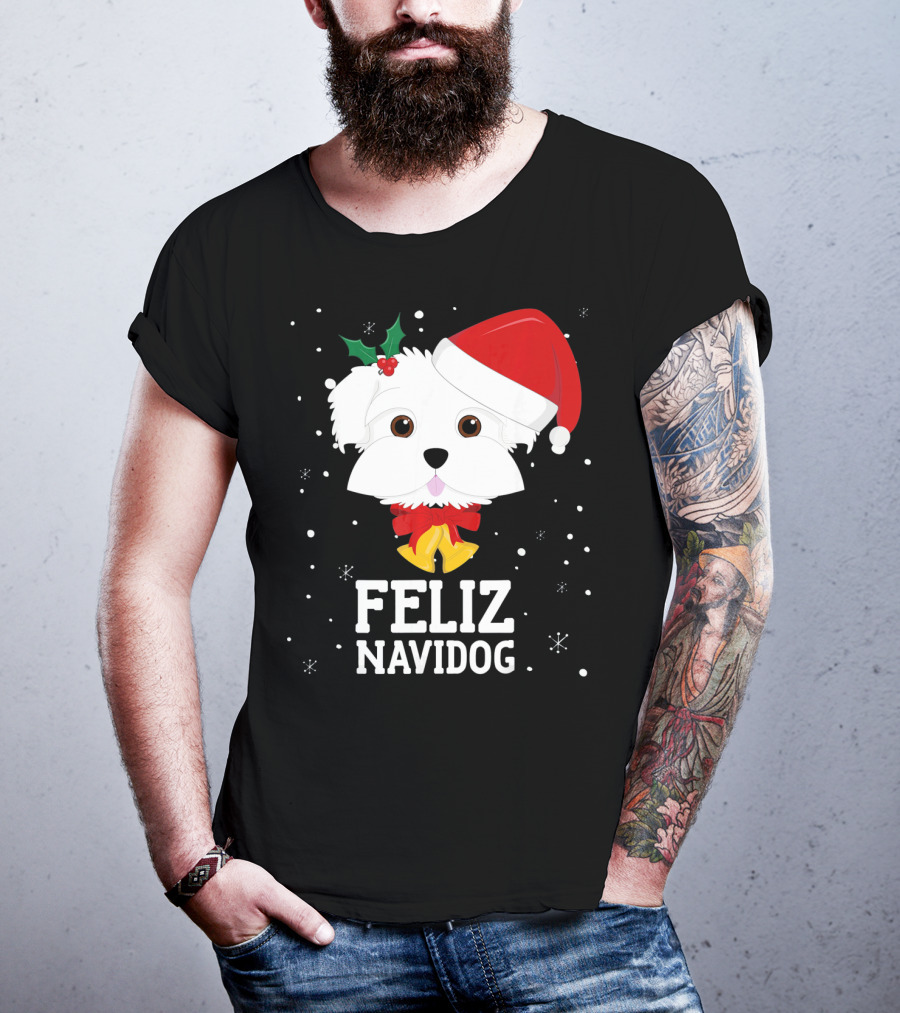 Feliz Navidog Christmas Maltese Dog With Santa Hat And Holly T-Shirt