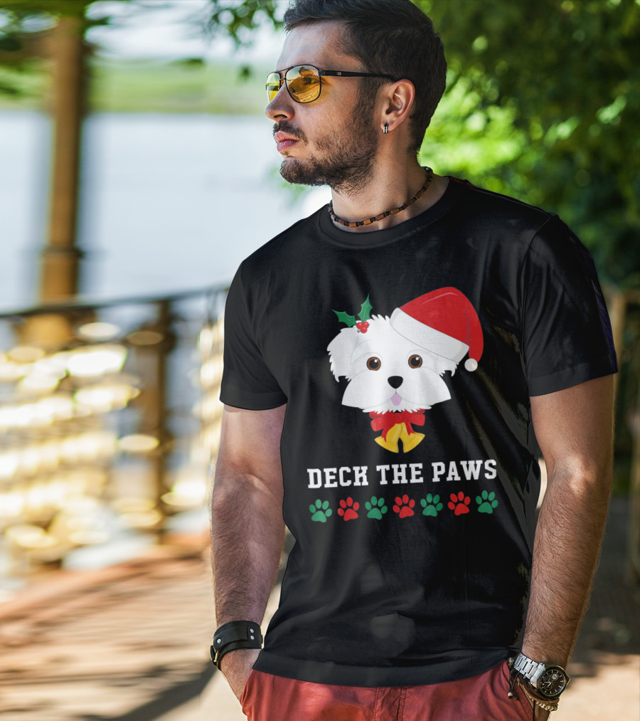 Deck The Paws Christmas Dog Maltese Santa Hat Paw Prints T-Shirt