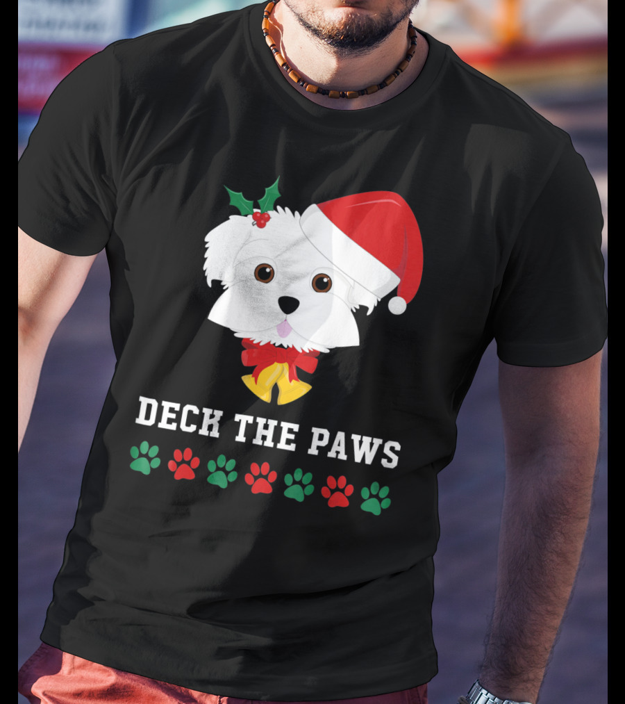 Deck The Paws Christmas Dog Maltese Santa Hat Paw Prints T-Shirt