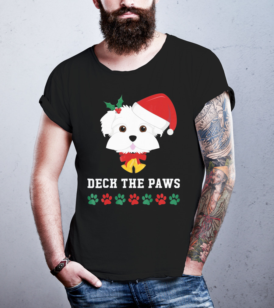 Deck The Paws Christmas Dog Maltese Santa Hat Paw Prints T-Shirt