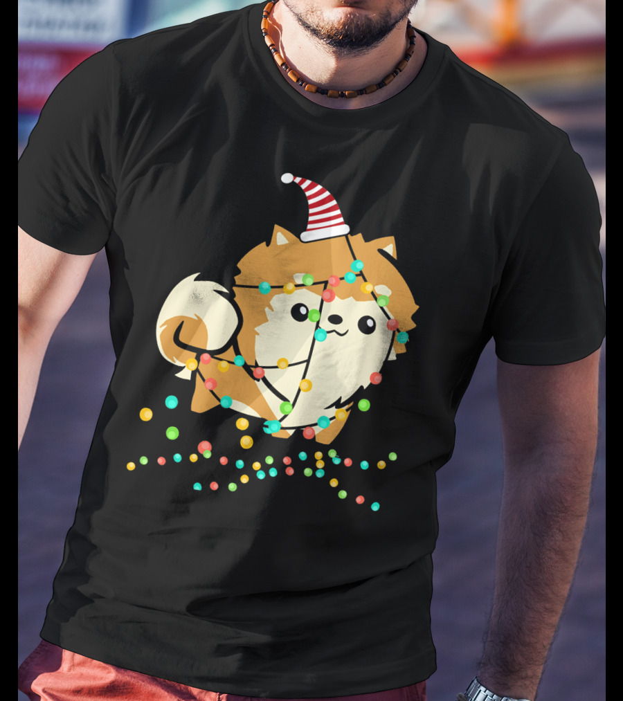 Christmas Lights Pomeranian Santa Hat T-Shirt