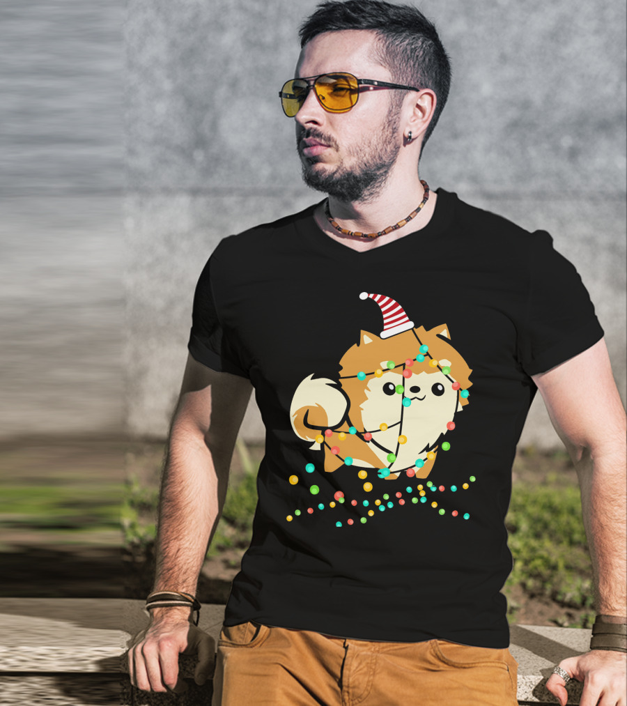 Christmas Lights Pomeranian Santa Hat T-Shirt