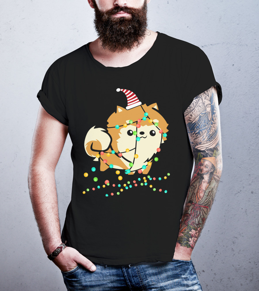 Christmas Lights Pomeranian Santa Hat T-Shirt