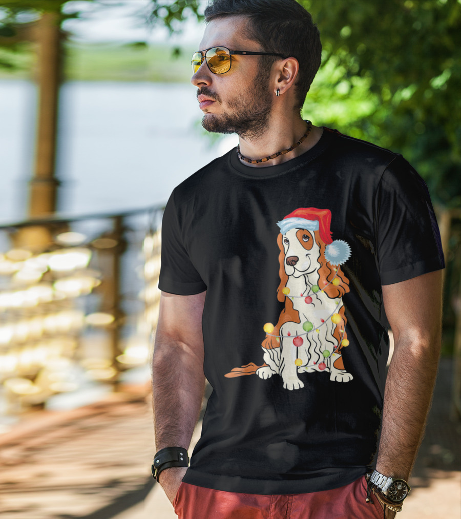 Cocker Spaniel Wearing Santa Hat With Colorful Christmas Lights T-Shirt
