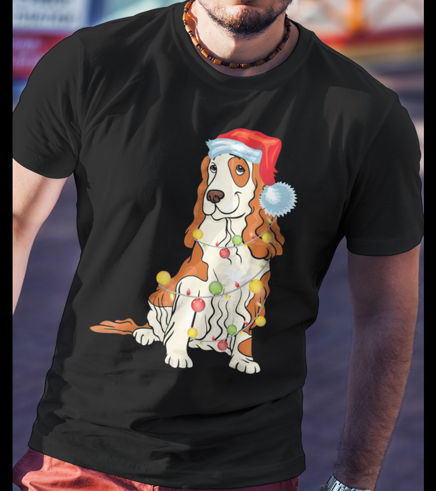 Cocker Spaniel Wearing Santa Hat With Colorful Christmas Lights T-Shirt