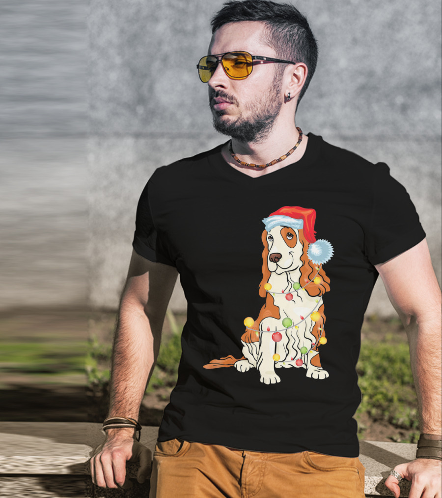 Cocker Spaniel Wearing Santa Hat With Colorful Christmas Lights T-Shirt