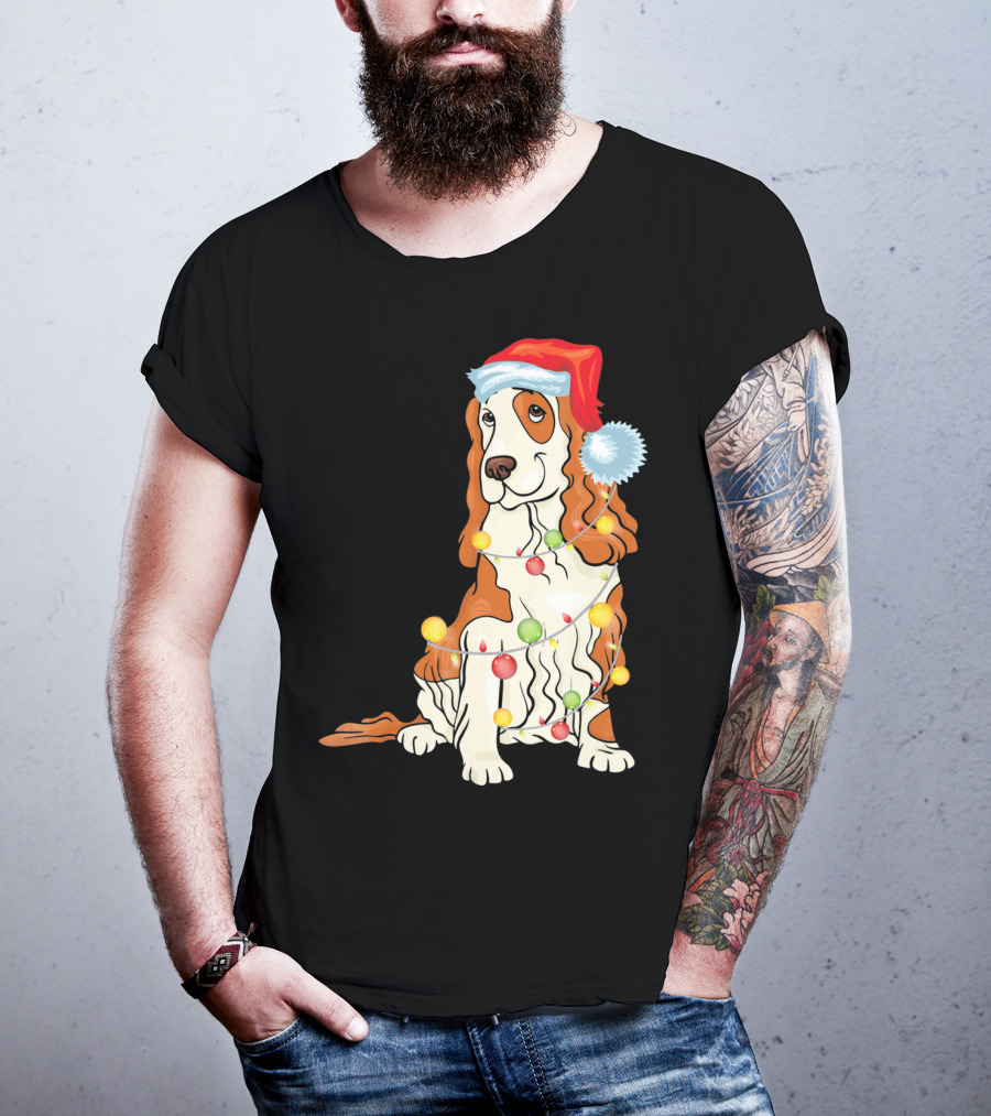 Cocker Spaniel Wearing Santa Hat With Colorful Christmas Lights T-Shirt