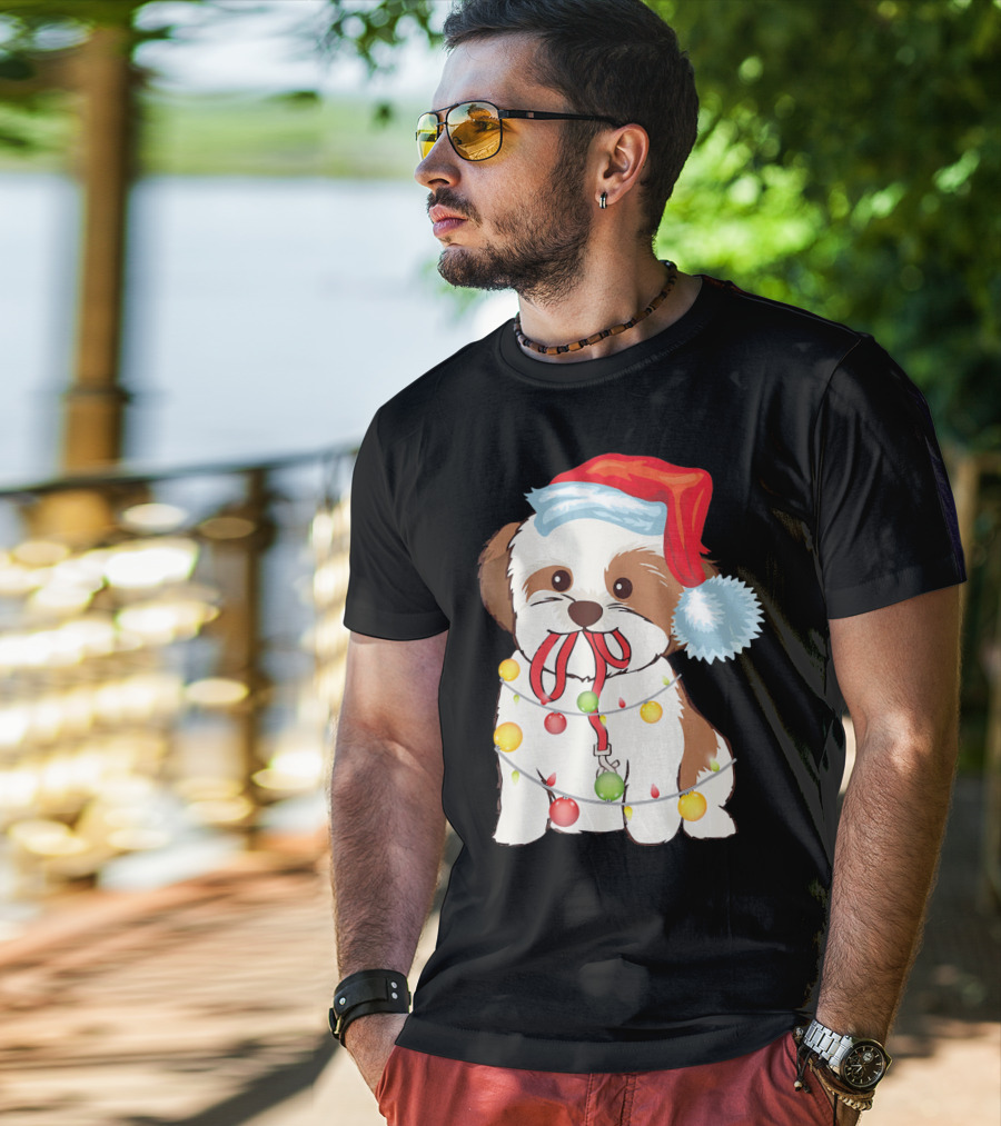 Christmas Lights Shih Tzu With Santa Hat And Festive Ornaments T-Shirt