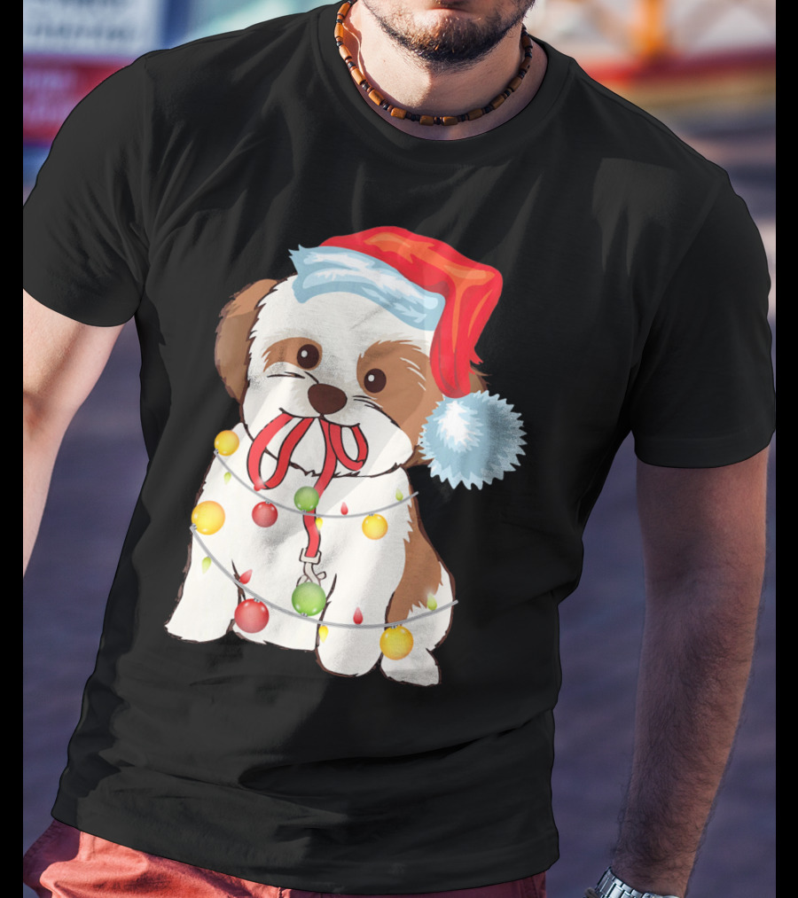 Christmas Lights Shih Tzu With Santa Hat And Festive Ornaments T-Shirt