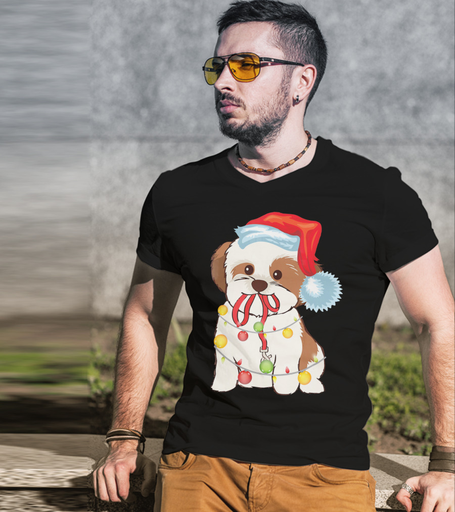 Christmas Lights Shih Tzu With Santa Hat And Festive Ornaments T-Shirt