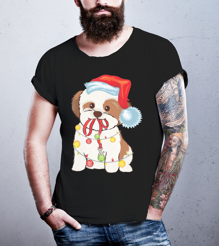 Christmas Lights Shih Tzu With Santa Hat And Festive Ornaments T-Shirt
