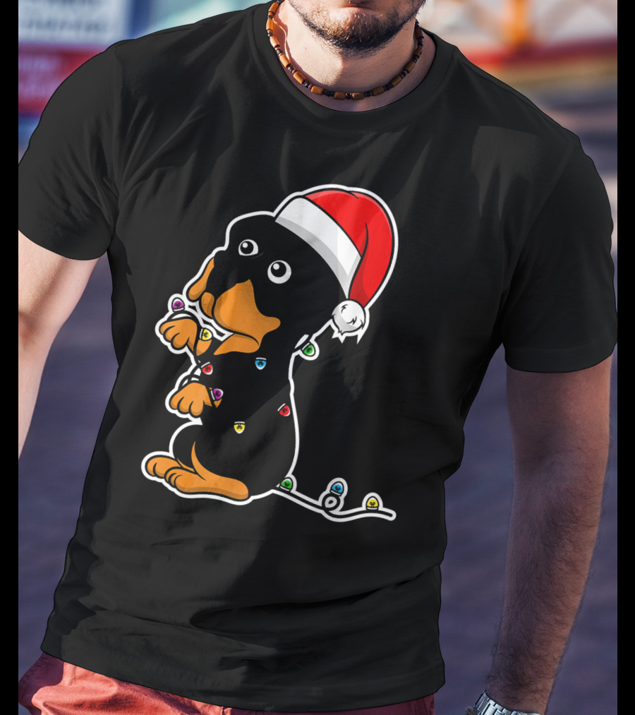 Christmas Rottweiler Puppy Santa Hat Lights T-Shirt