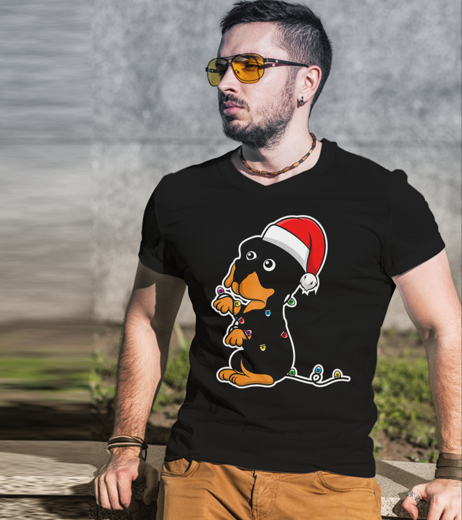 Christmas Rottweiler Puppy Santa Hat Lights T-Shirt