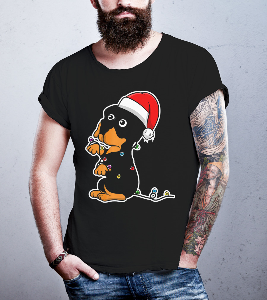 Christmas Rottweiler Puppy Santa Hat Lights T-Shirt