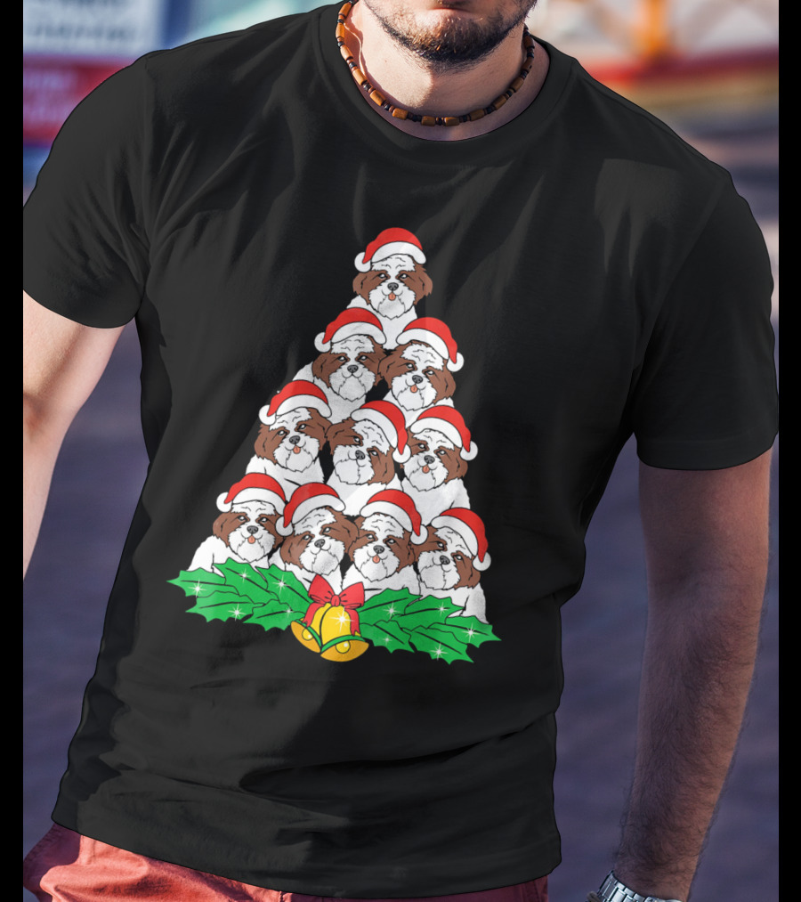 Christmas Shih Tzu Santa Hats Tree With Holly And Bells T-Shirt