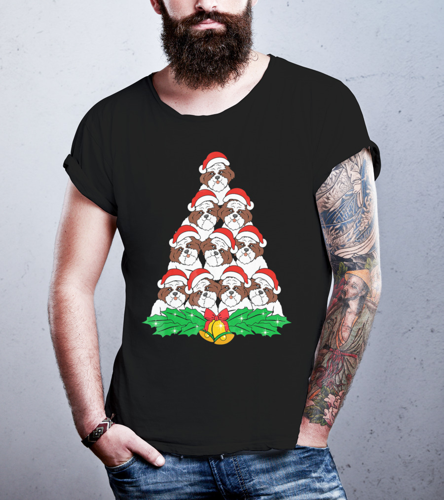 Christmas Shih Tzu Santa Hats Tree With Holly And Bells T-Shirt