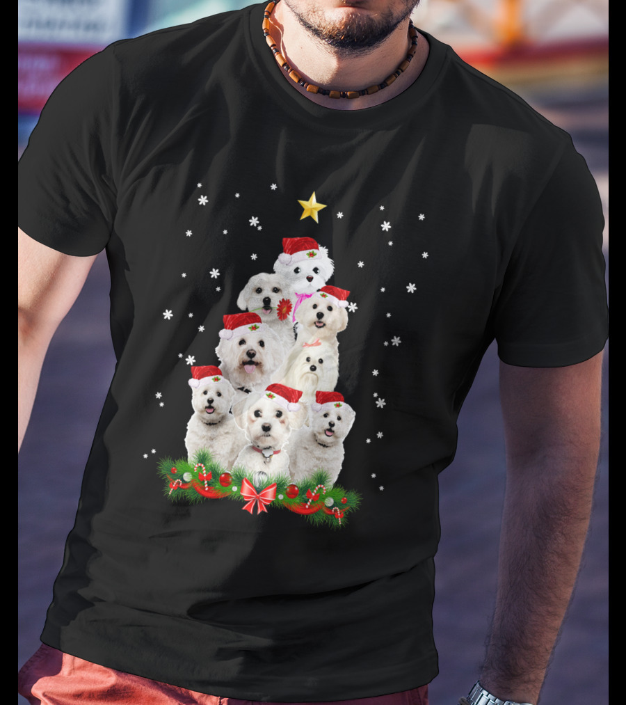 Maltese Dogs Christmas Tree With Santa Hats And Star T-Shirt