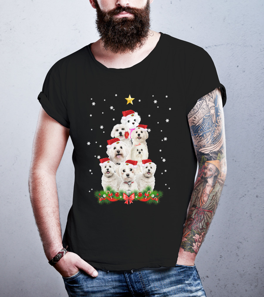 Maltese Dogs Christmas Tree With Santa Hats And Star T-Shirt
