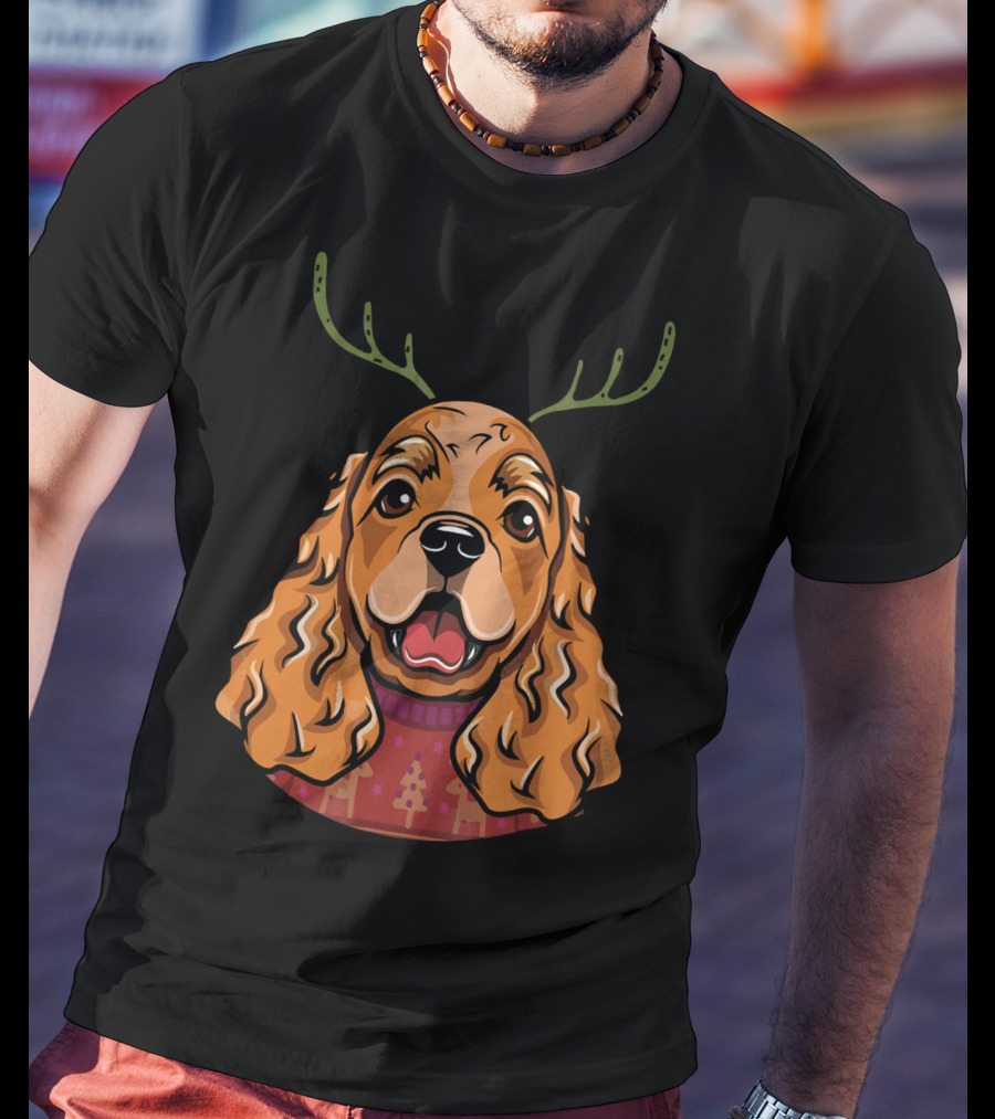 Cocker Spaniel Dog With Reindeer Antlers And Holiday T-Shirt