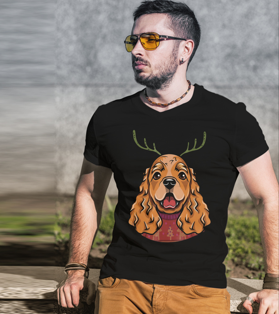 Cocker Spaniel Dog With Reindeer Antlers And Holiday T-Shirt