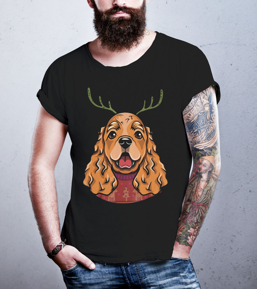 Cocker Spaniel Dog With Reindeer Antlers And Holiday T-Shirt