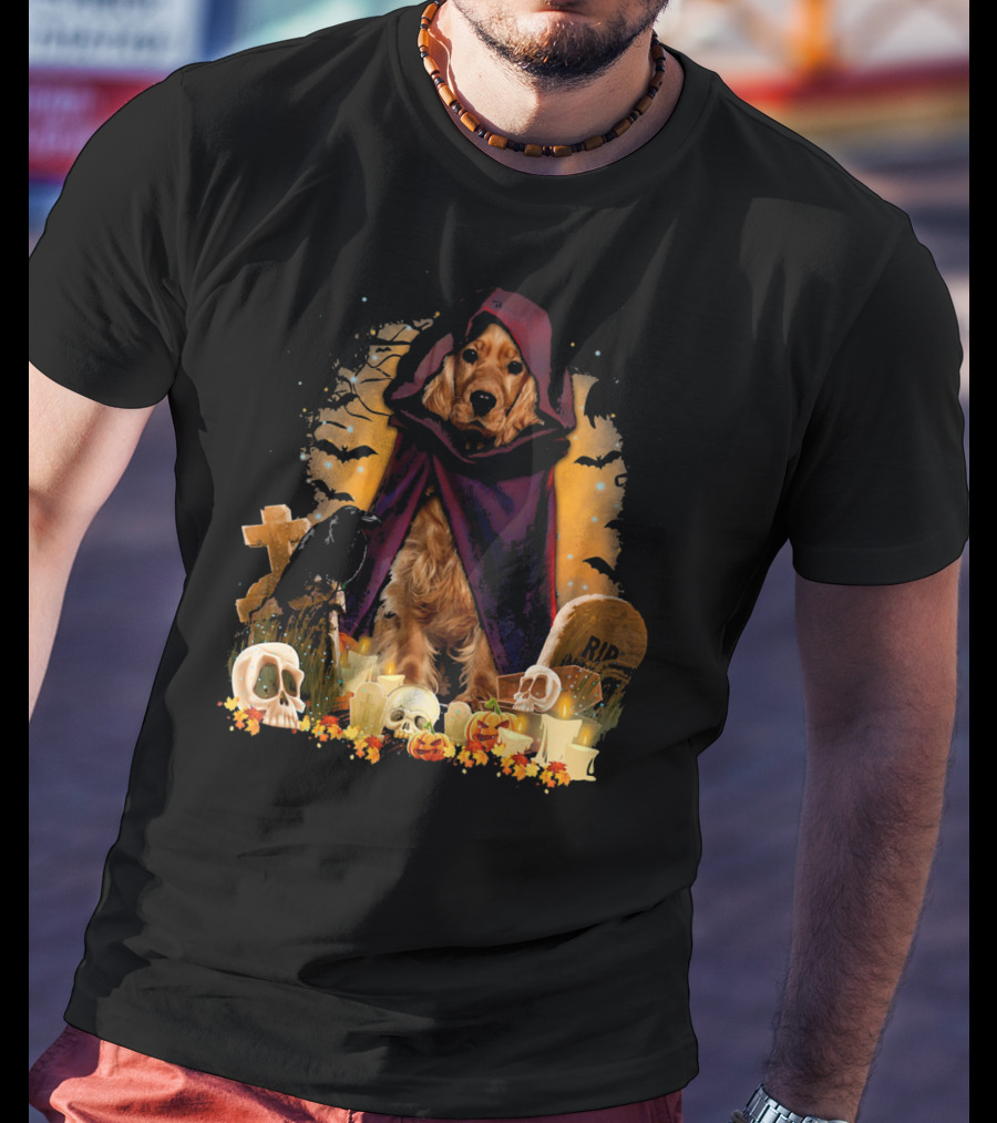 Cocker Spaniel Halloween Hooded Dog With Skulls And Tombstones T-Shirt