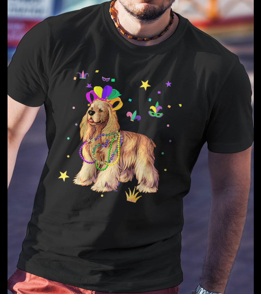 Cocker Spaniel Dog Mardi Gras Party Celebration Beads And Mask T-Shirt
