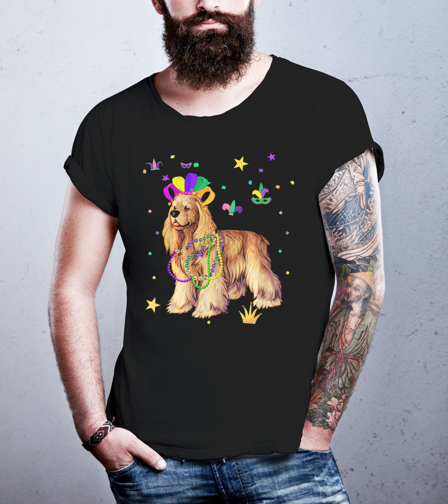 Cocker Spaniel Dog Mardi Gras Party Celebration Beads And Mask T-Shirt