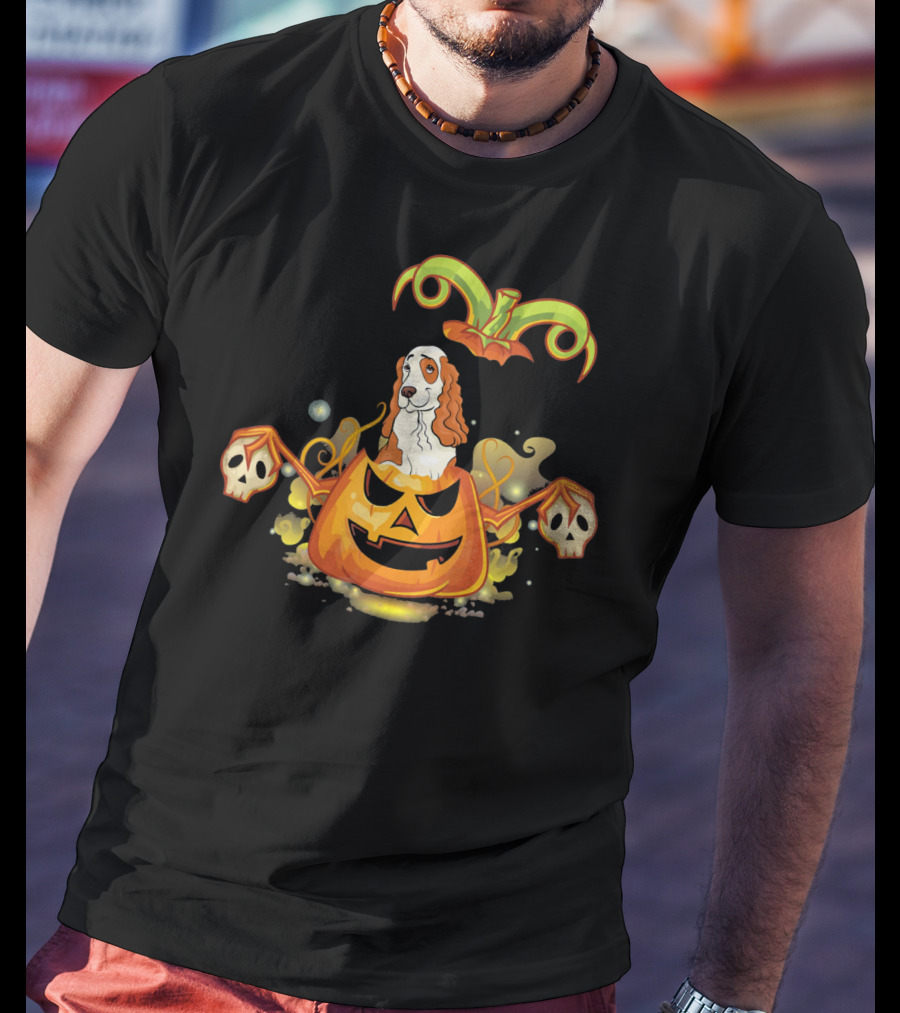 Cocker Spaniel Dog Halloween Pumpkin With Skulls T-Shirt