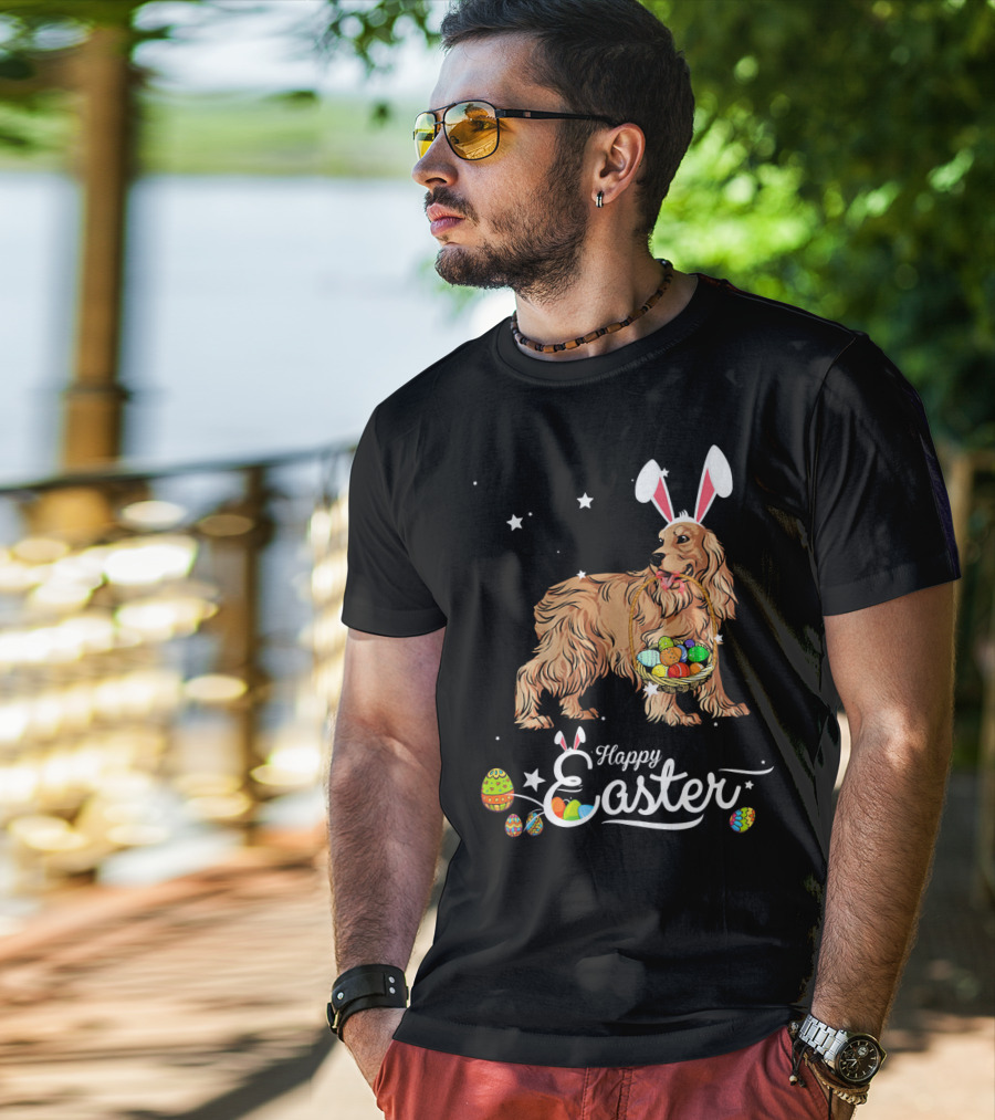 Cocker Spaniel With Bunny Hat Holding Easter Egg Basket Happy Easter T-Shirt