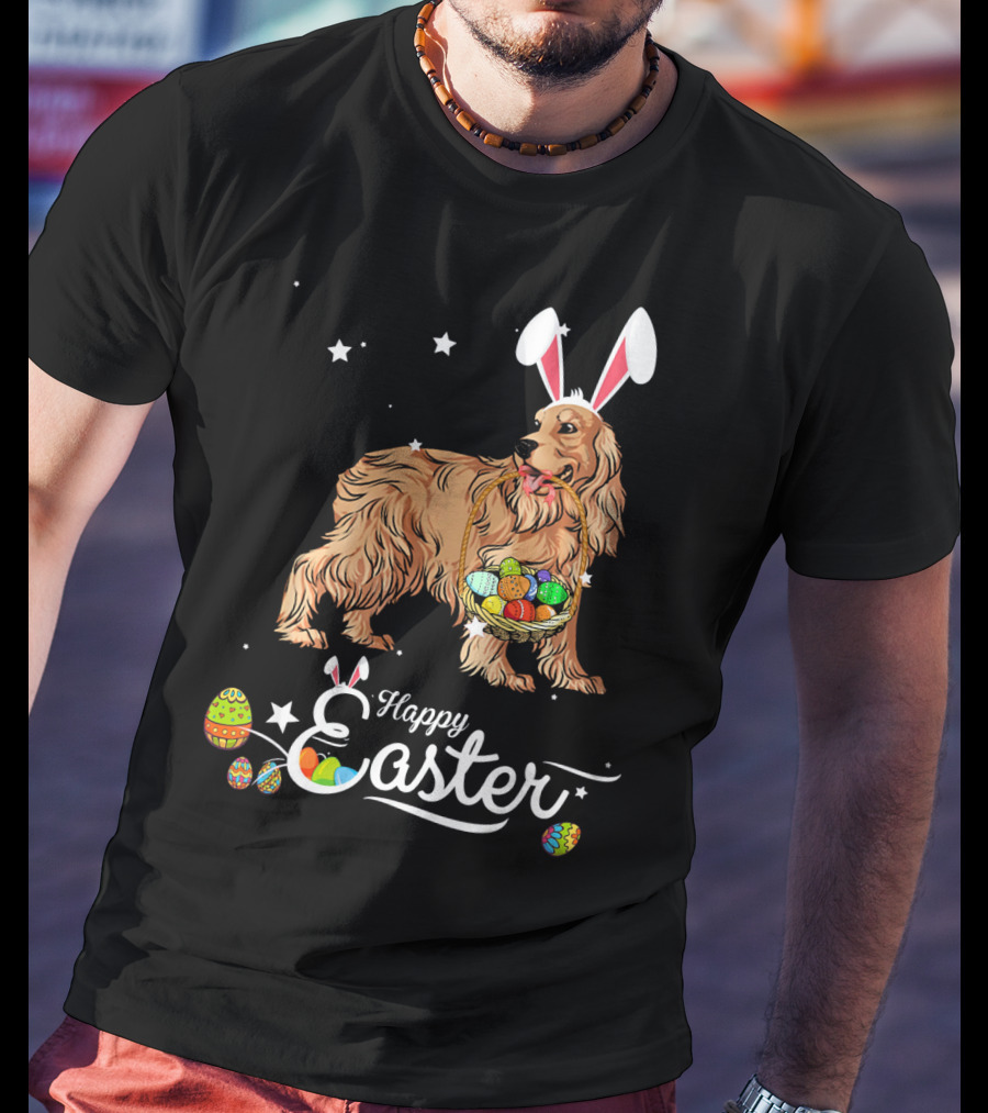 Cocker Spaniel With Bunny Hat Holding Easter Egg Basket Happy Easter T-Shirt