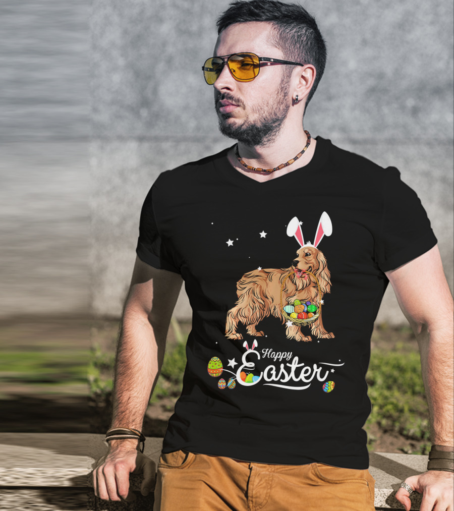 Cocker Spaniel With Bunny Hat Holding Easter Egg Basket Happy Easter T-Shirt