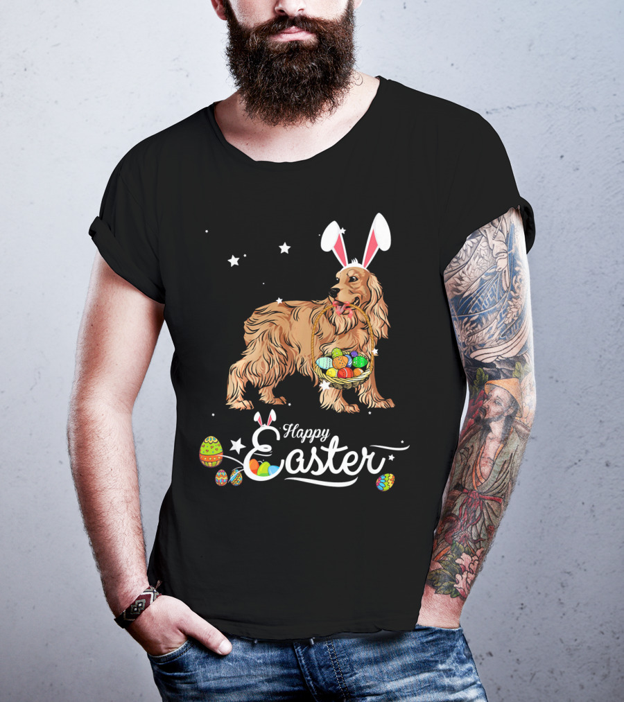 Cocker Spaniel With Bunny Hat Holding Easter Egg Basket Happy Easter T-Shirt