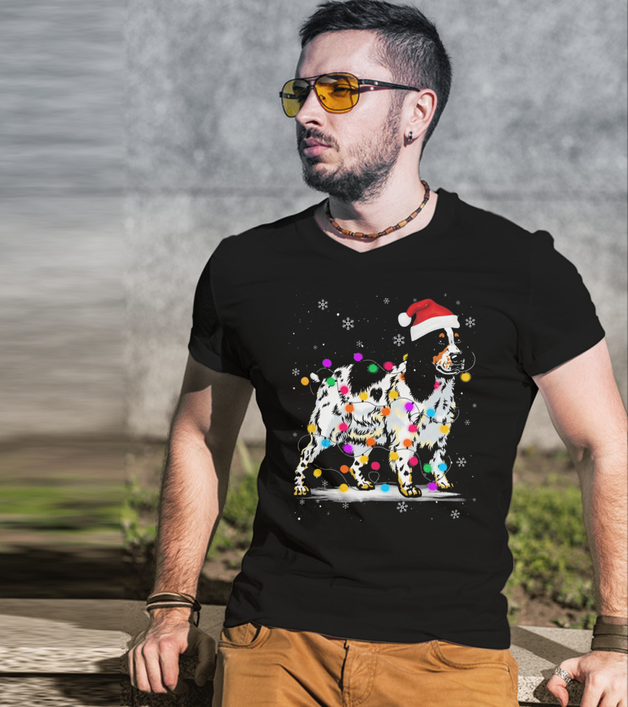 Cocker Spaniel Dog With Christmas Lights Santa Hat Snowflakes T-Shirt