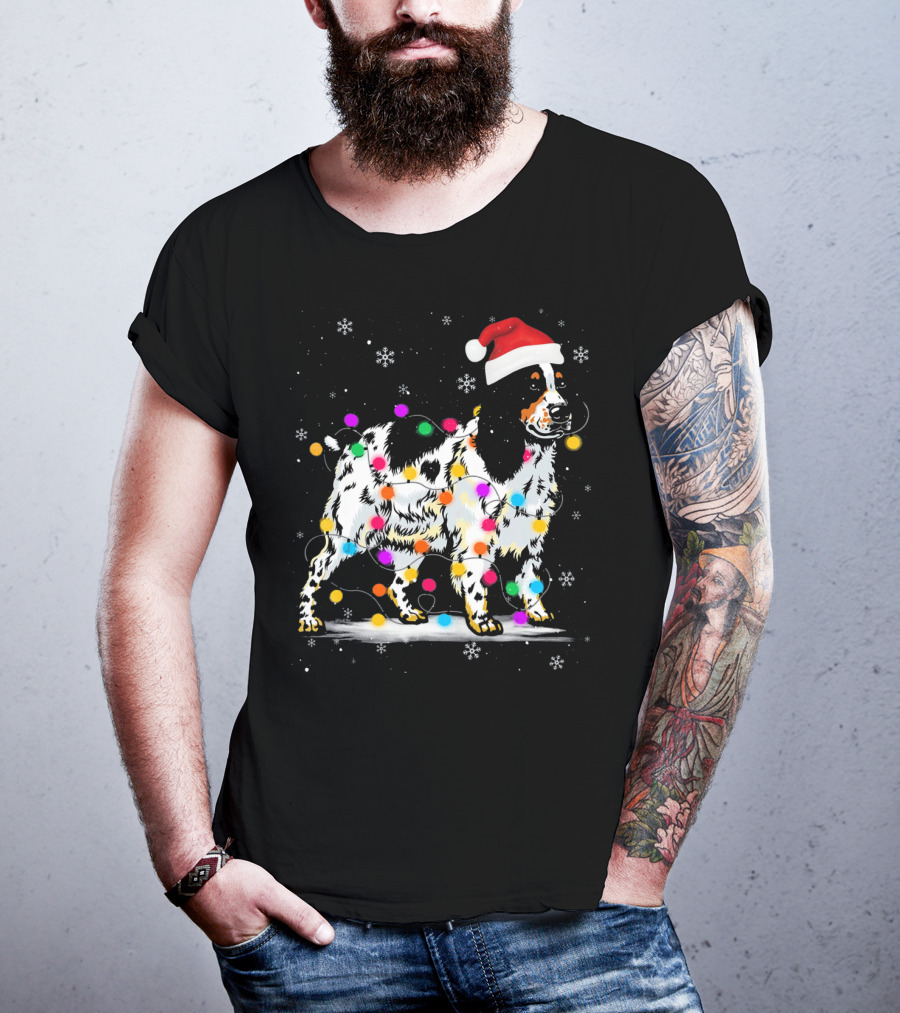 Cocker Spaniel Dog With Christmas Lights Santa Hat Snowflakes T-Shirt