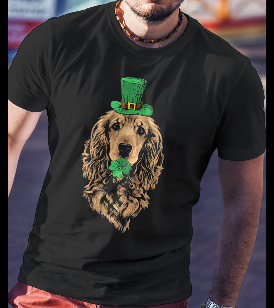 Cocker Spaniel With Leprechaun Hat And Shamrock Irish St Patrick's Day T-Shirt